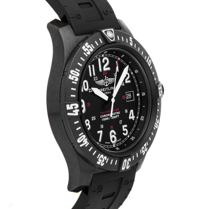 The black dial fake watch has Arabic numerals.